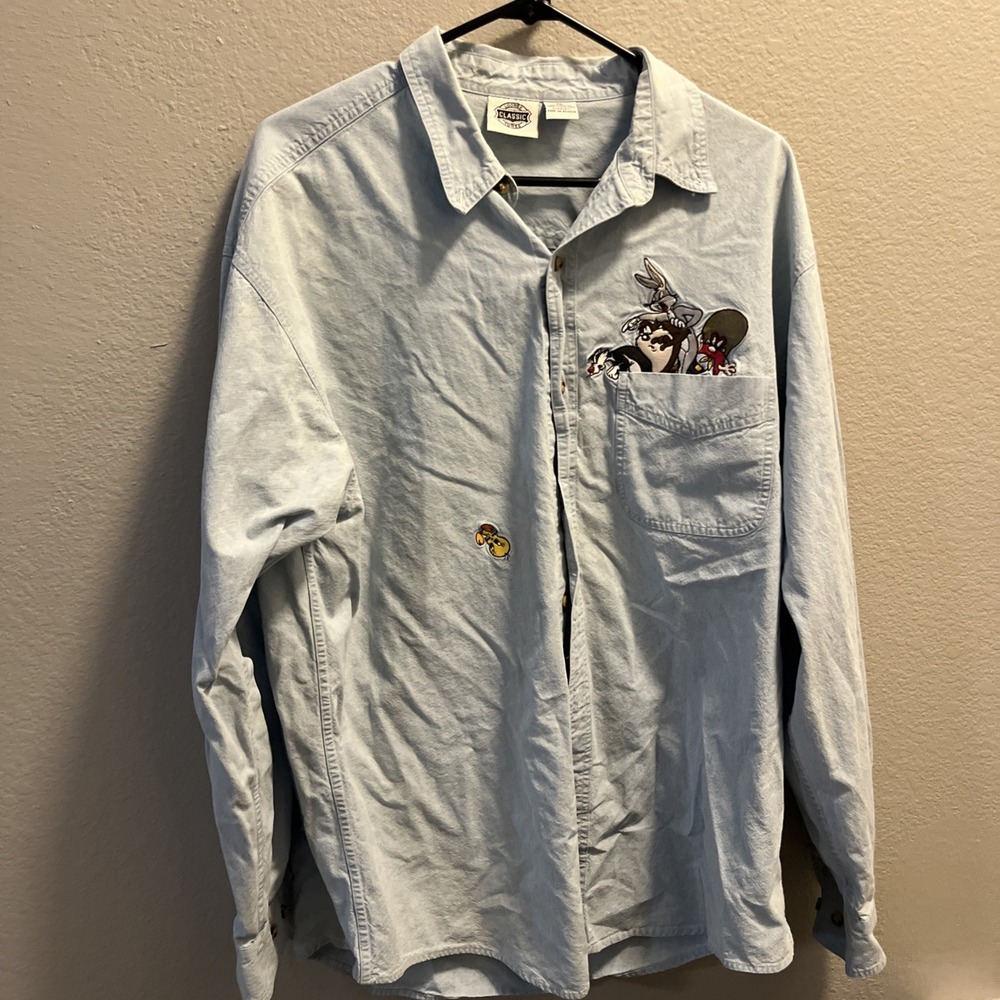 Looney Tunes Classic‎ Denim Shirt Mens XL Embroidered 1994 Acme Falling Tweety